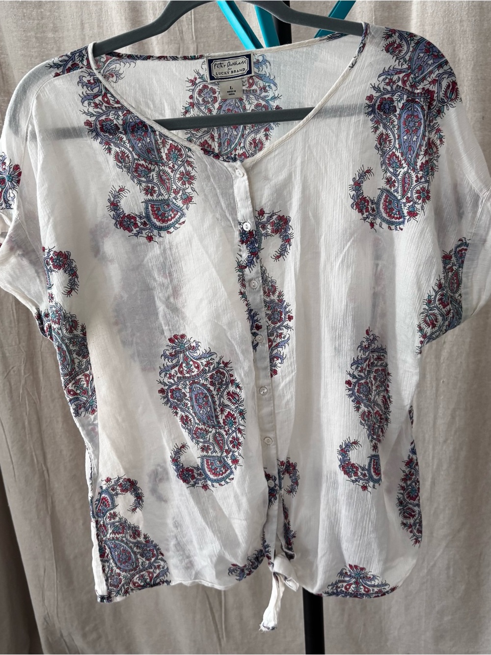 Lucky Brand Peter Dunham White Paisley Button-Front Short Sleeve Top